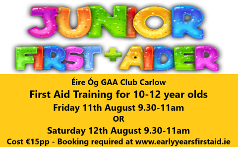 First Aid for Junior First Aiders 10-12yrs - Éire Óg GAA Carlow - Fri 11th Aug 2023